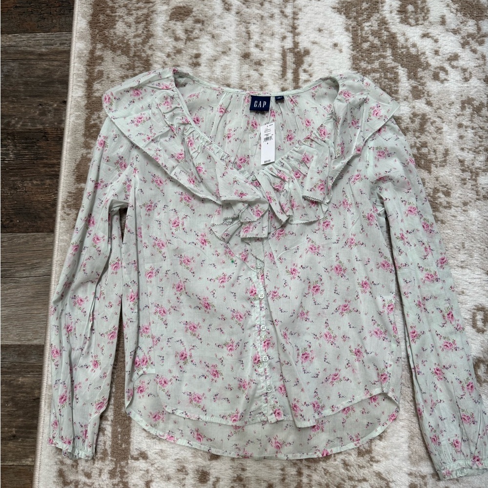 GAP Mint Green Floral Ruffle Front Blouse